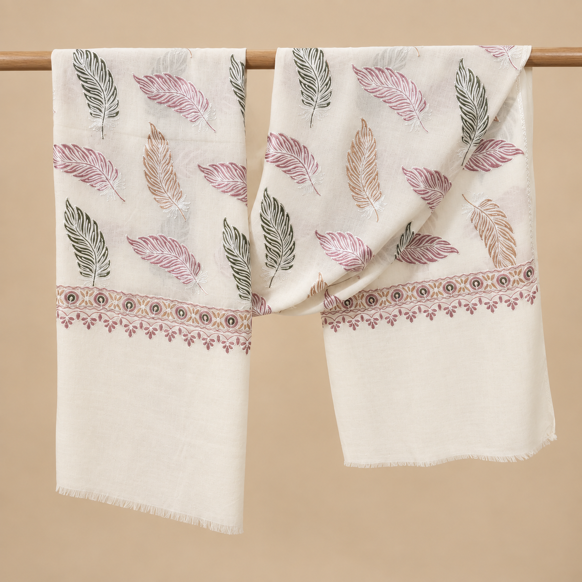 Floating Feather Aari Embroidered Fine Wool Stole