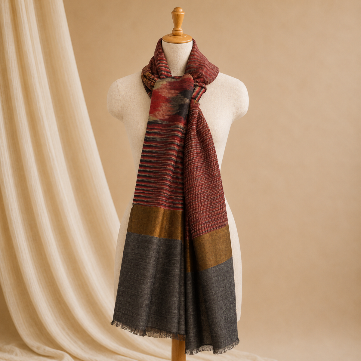 Merino wool ikat zari stole