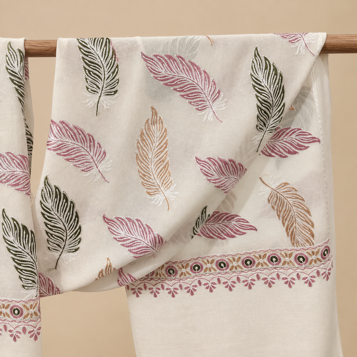 Floating Feather Aari Embroidered Fine Wool Stole