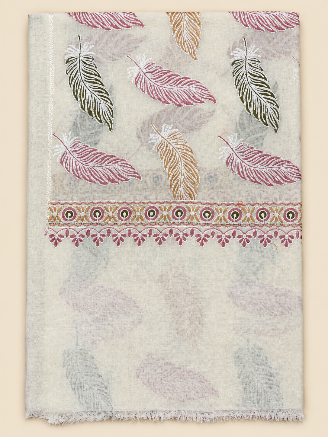Floating Feather Aari Embroidered Fine Wool Stole