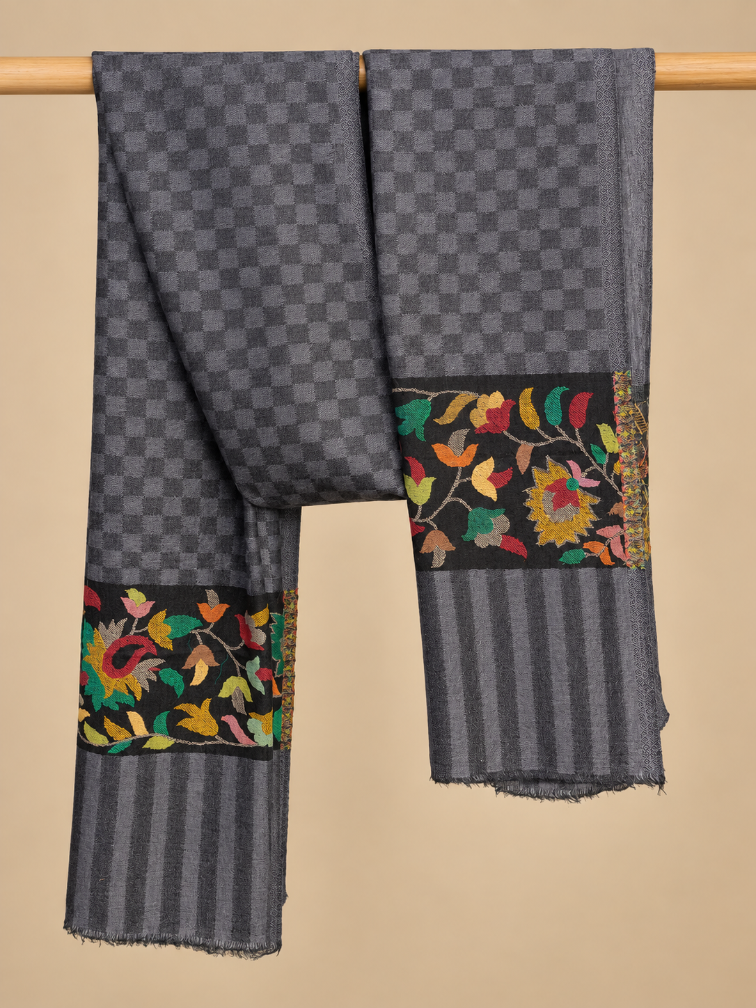 Fine Wool Kani Palla Stole with Multi-Floral Border