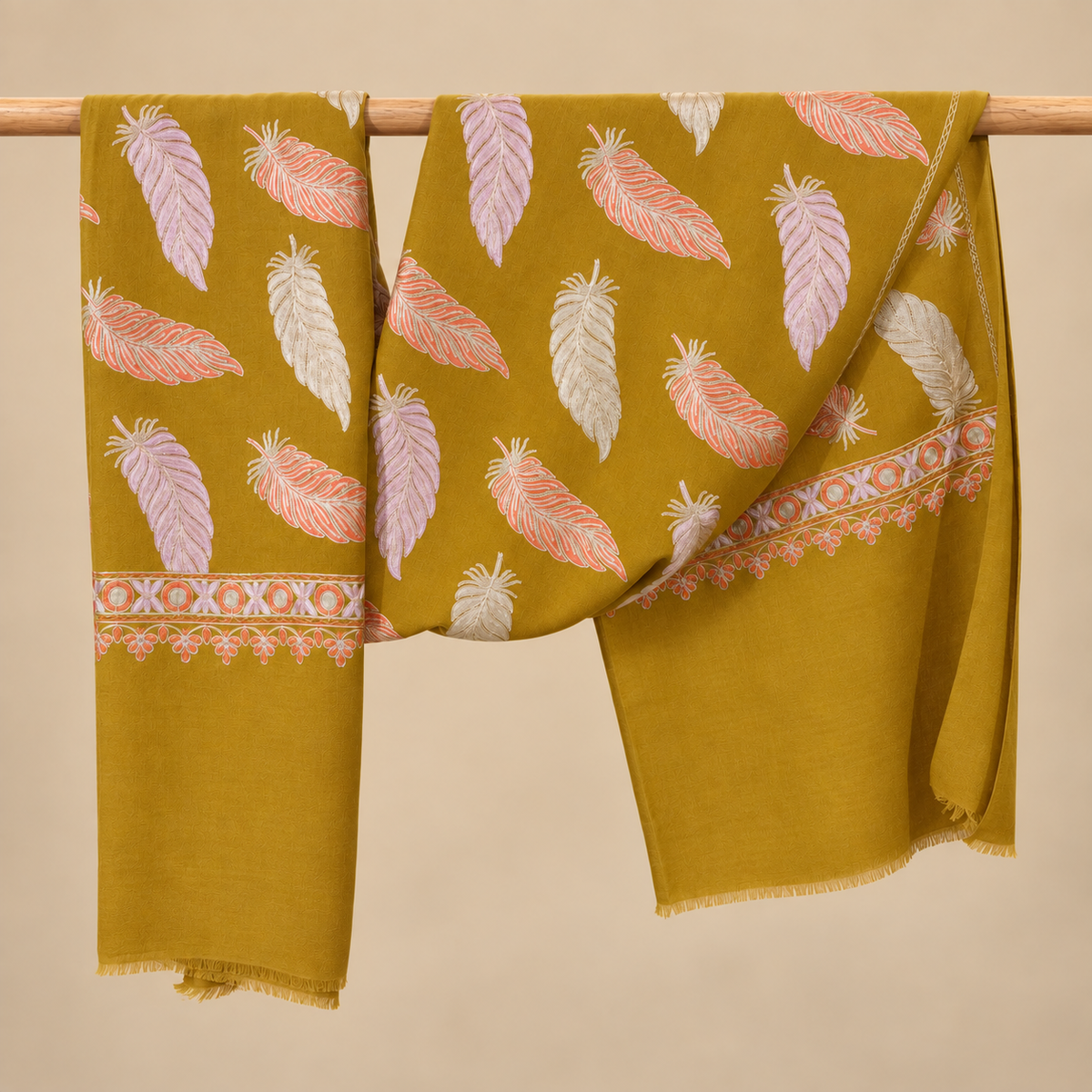 Floating Feather Aari Embroidered Fine Wool Stole
